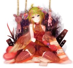Rule 34 | 1girl, alternate costume, bad id, bad pixiv id, bdsm, bondage, bound, collar, green eyes, green hair, gumi, hanged, heterochromia, highres, horns, itamidome, kneeling, matching hair/eyes, red eyes, rope, short hair, sitting, smile, solo, stuffed toy, suspension, tears, thighhighs, vocaloid, wariza, wings