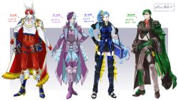 Rule 34 | 1girl, 3boys, absurdres, arm strap, armor, asrbpy, belt, black gloves, black nails, blue gloves, blue hair, blue legwear, boots, brooch, brown footwear, character name, cinderace, creatures (company), elbow gloves, facial hair, game freak, gen 8 pokemon, gloves, gold trim, green gloves, green hair, hair ornament, hair over one eye, hair scrunchie, hand on own hip, highres, holster, inteleon, jewelry, knee pads, long hair, luggage, multicolored hair, multiple boys, nail polish, necklace, nintendo, orange eyes, pants, personification, pokemon, pouch, purple footwear, purple hair, red eyes, red hair, red neckwear, red pants, rillaboom, ring, scrunchie, sheath, shoes, side ponytail, simple background, standing, stubble, tattoo, thigh holster, thigh strap, toeless footwear, toxtricity, two-tone hair, white hair, wide sleeves, yellow eyes