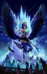 Rule 34 | 1girl, armor, armored boots, armpits, backlighting, bare shoulders, black skirt, black wings, blurry, boots, breasts, building, castle, center frills, choker, collarbone, crown, depth of field, feathered wings, frills, goomrrat, gwendolyn (odin sphere), head wings, holding, holding staff, leg up, leg wings, looking at viewer, low wings, medium breasts, meteor, odin sphere, pteruges, purple eyes, short hair, silver hair, skirt, solo, staff, standing, standing on one leg, thigh boots, thighhighs, tiara, wings, zettai ryouiki