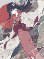 Rule 34 | 1girl, bell, black hair, blood, blood on clothes, blue eyes, bungou stray dogs, closed mouth, cloud, feet out of frame, flower, grey background, hair flower, hair ornament, hand up, highres, izumi kyouka (bungou stray dogs), japanese clothes, jellyfish sz, kimono, long hair, red kimono, red sash, robe, sash, solo, standing, white robe, wide sleeves