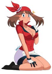 Rule 34 | 1girl, absurdres, bandana, biker clothes, black socks, blue eyes, breasts, brown hair, cleavage, closed mouth, collarbone, creatures (company), danmakuman, full body, game freak, gloves, highres, large breasts, looking at viewer, may (pokemon), nintendo, pokemon, pokemon rse, short sleeves, sidelocks, sitting, socks, solo, transparent background, wariza