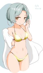 Rule 34 | 1girl, alternate costume, artist name, bare shoulders, bikini, breasts, cleavage, curse (023), dated, gold bikini, grey hair, highres, holding, holding towel, kantai collection, looking at viewer, navel, short hair, small breasts, smile, solo, swept bangs, swimsuit, tamanami (kancolle), towel, white towel, yellow eyes