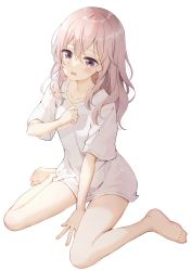 Rule 34 | 1girl, absurdres, barefoot, between legs, blouse, blush, brown hair, collarbone, commentary request, dated, female focus, full body, grey eyes, hair between eyes, hand between legs, highres, inui sajuna, long hair, looking at viewer, neki (wakiko), open mouth, shirt, short sleeves, signature, simple background, sitting, solo, sono bisque doll wa koi wo suru, wariza, white background, white shirt
