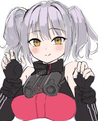 Rule 34 | 1girl, :q, absurdres, belorta (nikke), binoculars, black shirt, blush, claw pose, detached sleeves, fingerless gloves, fujisaki subaru, gloves, goddess of victory: nikke, grey hair, heart, highres, red shirt, shirt, short twintails, smile, solo, tongue, tongue out, twintails, two-tone shirt, upper body, yellow eyes