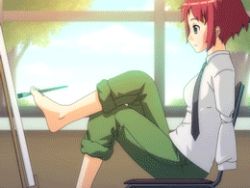 Rule 34 | 10s, animated, animated gif, barefoot, dreaming, feet, holding with feet, katawa shoujo, lowres, mike inel, mirror, no arms, painting (action), red hair, tezuka rin