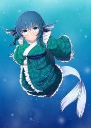 Rule 34 | 1girl, blue eyes, blue hair, drill hair, fins, fish tail, gradient background, haruto (hirokazu1001), head fins, highres, japanese clothes, kimono, matching hair/eyes, mermaid, monster girl, sash, solo, tail, touhou, underwater, wakasagihime, wide sleeves