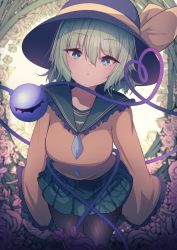 Rule 34 | 1girl, blouse, blush, breasts, buttons, collared shirt, commentary request, crystal, darumoon, flower, frills, green eyes, green hair, green skirt, grey pantyhose, hair between eyes, hat, hat ribbon, heart, heart of string, highres, jewelry, komeiji koishi, leaf, long sleeves, looking at viewer, medium breasts, open mouth, pantyhose, pink flower, pink rose, purple hat, ribbon, rose, shirt, short hair, skirt, solo, standing, third eye, touhou, wide sleeves, yellow background, yellow ribbon, yellow shirt
