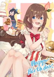 Rule 34 | 2girls, a-chan (hololive), ankimo (tokino sora), birthday cake, black shirt, blue eyes, blue hair, blush, bow, brown hair, cake, chocolate cornet, collarbone, commentary, cowboy shot, cup, denim, dress, drinking straw, eating, food, fork, glasses, hair flaps, happy birthday, highres, holding, holding food, holding fork, hololive, jeans, kase (kurimuzone oruta), long hair, looking back, multiple girls, open mouth, pants, red bow, shirt, short ponytail, sleeveless, smile, strawberry shortcake, striped clothes, striped dress, stuffed animal, stuffed toy, sweat, symbol-only commentary, t-shirt, table, teddy bear, thigh strap, tokino sora, virtual youtuber, white dress