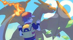 Rule 34 | 1boy, backpack, bag, brown hair, charizard, claws, closed mouth, commentary request, creatures (company), day, falling leaves, flame-tipped tail, from behind, game freak, gen 1 pokemon, hands up, hat, highres, leaf, male focus, nintendo, outdoors, pokemon, pokemon (creature), pokemon frlg, red (pokemon), red headwear, shirt, short hair, short sleeves, torinoko (miiko draw), wristband, yellow bag