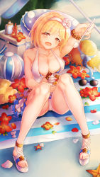 Rule 34 | 10s, 1girl, arm up, ball, beachball, blonde hair, blush, breasts, cleavage, collarbone, djeeta (granblue fantasy), djeeta (summer) (granblue fantasy), unworn eyewear, fang, flower, food, full body, granblue fantasy, hair flower, hair ornament, hairband, hat, unworn hat, unworn headwear, highres, ice cream, looking at viewer, medium breasts, open mouth, petals, sandals, short hair, sitting, solo, spoon, straw hat, sunglasses, swimsuit, wakaba (945599620), white hairband, yellow eyes