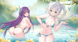 Rule 34 | 2girls, :i, aqua bikini, ass, bikini, black bikini, breasts, bug, bush, butterfly, butterfly hair ornament, collarbone, covering breasts, covering privates, fern (sousou no frieren), flower, frieren, green eyes, grey hair, hair ornament, highres, insect, large breasts, long hair, looking at viewer, multiple girls, nanoda002 (saber427), navel, outdoors, pointy ears, pond, pout, purple eyes, purple hair, sidelocks, small breasts, smile, sousou no frieren, swimsuit, thick eyebrows, topless, twintails, very long hair, wading