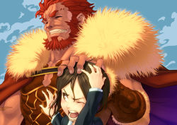 Rule 34 | 2boys, armor, beard, black hair, brown eyes, cape, command spell, facial hair, fate/stay night, fate/zero, fate (series), hand on head, height difference, iskandar (fate), male focus, multiple boys, pairan, patting, headpat, red hair, short hair, size difference, waver velvet, wince