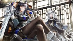 Rule 34 | 2girls, animal ears, arknights, belt, black dress, black gloves, black hair, black pantyhose, blue eyes, blue gloves, blue necktie, boots, breasts, closed mouth, collared shirt, crossed legs, dress, fingerless gloves, gloves, grey hair, highres, holding, holding sword, holding weapon, indoors, knee boots, lappland (arknights), lappland (refined horrormare) (arknights), large breasts, long hair, long sleeves, looking at viewer, medium breasts, multiple girls, necktie, official alternate costume, on (yattemasu), orange eyes, pantyhose, scar, scar across eye, scar on face, shirt, sitting, skull, sword, tail, texas (arknights), texas the omertosa (arknights), thigh strap, very long hair, weapon, white footwear, white shirt, window, wolf ears, wolf girl, wolf tail