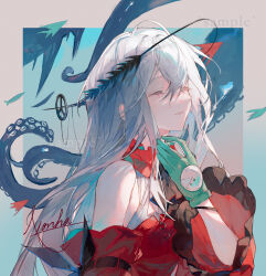 Rule 34 | 1girl, aqua gloves, arknights, artist name, bare shoulders, closed eyes, commentary request, detached sleeves, dress, frilled sleeves, frills, gloves, hair between eyes, hand up, highres, long hair, no headwear, nonhaaa, open mouth, red dress, red sleeves, sample watermark, skadi (arknights), skadi the corrupting heart (arknights), smile, solo, tentacles, upper body, watermark, white hair