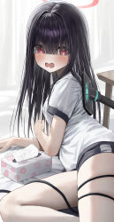 Rule 34 | 1girl, absurdres, black hair, black shorts, blue archive, blush, eyes visible through hair, gym shirt, hair over eyes, halo, hidulume, highres, justice task force member (blue archive), long hair, looking at viewer, open mouth, red eyes, red halo, shirt, short sleeves, shorts, solo, tears, tissue, tissue box, vacuum cleaner, white shirt