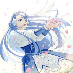 Rule 34 | 1girl, akke, blue eyes, blue hair, braid, crown braid, dress, fire emblem, fire emblem echoes: shadows of valentia, flower, hair flower, hair ornament, long hair, long sleeves, nintendo, open mouth, outstretched arms, petals, rinea (fire emblem), simple background, solo, white background