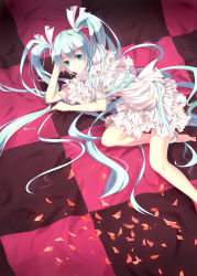 Rule 34 | 1girl, absurdres, akumey, aqua hair, barefoot, checkered background, dress, green eyes, hair ribbon, hatsune miku, highres, long hair, lying, ribbon, smile, solo, twintails, very long hair, vocaloid, world is mine (vocaloid)