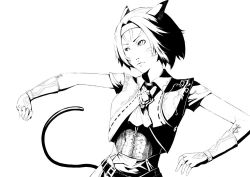 Rule 34 | 00s, animal ears, cat ears, cat tail, commentary, final fantasy, final fantasy xi, fingerless gloves, gloves, greyscale, mithra (ff11), monochrome, short hair, solo, tail, yoshihiro