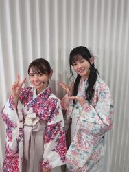Rule 34 | 2girls, aida rikako, highres, japanese clothes, kimono, looking at viewer, multiple girls, oonishi aguri, photo (medium), smile, standing, voice actor