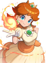 Rule 34 | 1girl, absurdres, blue eyes, breasts, brown hair, crown, dress, earrings, fire, fire daisy, flower earrings, gem, gonzarez, grin, hand on own hip, hand up, highres, jewelry, large breasts, looking at viewer, mario (series), nintendo, orange hair, princess daisy, puffy short sleeves, puffy sleeves, short sleeves, smile, solo, super mario bros. wonder, white dress