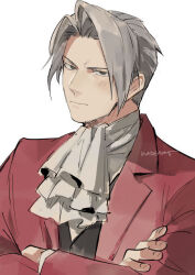 Rule 34 | 1boy, ace attorney, ascot, black vest, closed mouth, crossed arms, frown, grey eyes, grey hair, jacket, kadeart, long sleeves, male focus, miles edgeworth, red jacket, shirt, signature, simple background, solo, upper body, vest, white ascot, white shirt