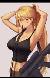 Rule 34 | 1girl, 3 small spiders, absurdres, armpits, arms behind head, black shirt, blonde hair, breasts, brown pants, character request, cleavage, closed mouth, collarbone, copyright request, feet out of frame, girls&#039; frontline, highres, long hair, looking at viewer, medium breasts, mouth hold, navel, original, pants, ponytail, purple eyes, shirt, solo, standing, weapon request, white background