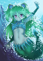 Rule 34 | 1girl, breasts, bubble, fins, fish tail, green hair, inu (aerodog), jewelry, long hair, mermaid, monster girl, muromi-san, namiuchigiwa no muromi-san, navel, necklace, purple eyes, red eyes, scales, seashell, shell, small breasts, smile, solo, tail, twintails, two side up, underwater