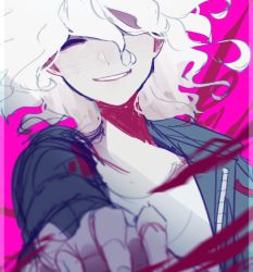Rule 34 | 1boy, blood, border, commentary, danganronpa (series), english commentary, closed eyes, flavia (harmonia), green jacket, hair between eyes, highres, jacket, komaeda nagito, long sleeves, male focus, open clothes, open jacket, outstretched arm, pink background, shirt, smile, solo, danganronpa 2: goodbye despair, white hair, white shirt