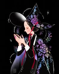 Rule 34 | 1girl, aqua nails, black background, black dress, black hair, black hat, blue nails, blush, closed eyes, dress, hands up, hat, highres, long sleeves, original, pink nails, print headwear, profile, purple nails, sgsg612, smile, solo, upper body, witch, witch hat, yellow nails