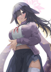 Rule 34 | 1girl, absurdres, animal ears, black hair, blue archive, breasts, commentary request, hair over one eye, halo, highres, large breasts, long bangs, long hair, long sleeves, looking at viewer, lop rabbit ears, multicolored hair, navel, ninja, own hands together, parted lips, pleated skirt, purple eyes, purple scarf, rabbit ears, rabbit girl, scarf, school uniform, serafuku, side slit, sidelocks, simple background, skirt, solo, tsukuyo (blue archive), two-tone hair, urabesunahito, white background