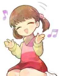 Rule 34 | 1girl, blush, closed eyes, commentary, doradorakingyo, doujima nanako, dress, eyelashes, music, musical note, open mouth, persona, persona 4, pinafore dress, pink dress, pink ribbon, ribbon, short hair, short twintails, simple background, singing, sleeveless, sleeveless dress, socks, solo, sweater, symbol-only commentary, twintails, twitter username, white background, white socks, white sweater