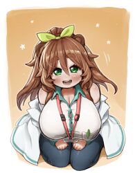 Rule 34 | 1girl, animal ears, bare shoulders, blush, border, bow, breasts, brown background, brown hair, buttons, cleavage, commentary request, commission, dr. kinuta, full body, green bow, green eyes, hair between eyes, hair bow, highres, huge breasts, ichika (ichika manga), indie virtual youtuber, lanyard, long hair, looking at viewer, no nose, off shoulder, open mouth, outline, outside border, seiza, simple background, sitting, skeb commission, solo, star (symbol), thick eyebrows, virtual youtuber, white border, white outline, wing collar