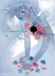 Rule 34 | androgynous, arm support, blue hair, blue skin, clenched hands, colored skin, commentary request, completely nude, crying, closed eyes, facial mark, flower, gender request, hair over one eye, holding, hyeonari, korean commentary, nude, one eye covered, open mouth, original, puzzle piece, rose, short hair, sobbing, solo, spot color, surreal, tears