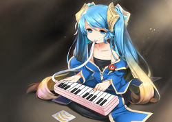 Rule 34 | 1girl, aged down, blue eyes, blue hair, hair ornament, instrument, keyboard (instrument), league of legends, long hair, looking at viewer, matching hair/eyes, melodica, mouth hold, music, name tag, playing instrument, sankyaku tako, sitting, smile, solo, sona (league of legends), translation request, twintails, very long hair