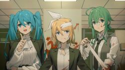 Rule 34 | 3girls, aqua eyes, aqua hair, bandage on face, bandaged head, bandages, black necktie, blazer, blonde hair, blood, blood on clothes, blood on face, blood on wall, blue eyes, bow, commentary, dress shirt, expressionless, green eyes, green hair, gumi, hair bow, hatsune miku, highres, indoors, injury, jacket, jacket on shoulders, kagamine rin, lapels, long hair, multiple girls, necktie, partially unbuttoned, pointing, shirt, short hair, short hair with long locks, sleeves rolled up, smile, sweat, symbol-only commentary, twintails, vest, vocaloid, wounds404