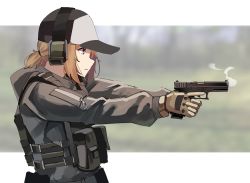 Rule 34 | 1girl, baseball cap, black hat, blurry, blurry background, brown gloves, brown hair, closed mouth, commentary, depth of field, ear protection, english commentary, from side, gar32, glock, gloves, grey jacket, gun, handgun, hat, highres, holding, holding gun, holding weapon, hood, hood down, hooded jacket, jacket, long sleeves, looking away, low ponytail, original, ponytail, profile, purple eyes, sidelocks, smoke, smoking gun, solo, weapon