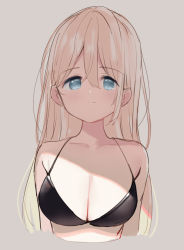 Rule 34 | 1girl, bad id, bad twitter id, bikini, black bikini, blue eyes, breasts, cleavage, closed mouth, collarbone, commentary request, cropped torso, grey background, light brown hair, long hair, looking at viewer, medium breasts, meito (maze), original, simple background, solo, swimsuit, upper body
