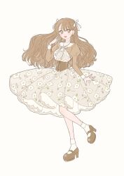 Rule 34 | 1girl, ankle socks, blush, bow, brown dress, brown eyes, brown footwear, brown hair, brown shirt, commentary request, corset, dress, earrings, floral print, frills, full body, hair ribbon, hand up, high heels, highres, jewelry, juliet sleeves, long hair, long sleeves, looking at viewer, open mouth, original, puffy sleeves, ribbon, rikuwo, shirt, shoes, simple background, smile, socks, solo, standing, standing on one leg, white background, white bow, white ribbon, white socks