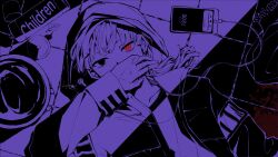 Rule 34 | 1girl, absurdres, black eyes, blood, blood splatter, blunt bangs, cellphone, cloud nine inc, collarbone, commentary request, earphones, english text, film grain, heterochromia, highres, hood, hood up, jacket, kagerou project, kajiwara 3, long hair, looking at viewer, lying, on back, open clothes, open jacket, phone, purple theme, red eyes, signature, smartphone, solo, spot color, utaite, yoshino (utaite)