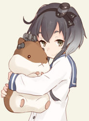 Rule 34 | 10s, 1girl, :&lt;, anchor symbol, beaver, black hair, brown eyes, buttons, closed mouth, doll, dress, eyebrows, from side, gradient hair, holding, holding stuffed toy, kantai collection, km yama, long sleeves, looking at viewer, multicolored hair, sailor dress, short hair with long locks, simple background, smile, solo, stuffed animal, stuffed toy, tokitsukaze (kancolle), two-tone hair, upper body, white background, yukikaze (hamster), yukikaze (kancolle)