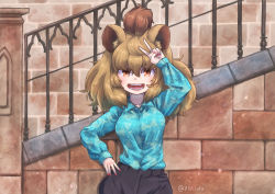 Rule 34 | 1girl, animal ears, arm up, belt, big hair, blouse, brown eyes, brown hair, casual, cat girl, collarbone, collared shirt, contemporary, fangs, fingernails, hair between eyes, hand on own hip, highres, kemono friends, kotobukkii (yt lvlv), light brown hair, lion (kemono friends), lion ears, lion girl, long sleeves, multicolored hair, nail polish, open mouth, pants, red nails, shirt, smile, solo, twitter username, two-tone hair, upper body, v, wing collar