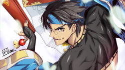 Rule 34 | 1boy, back, black hair, blue sleeves, brown eyes, commentary, detached sleeves, dual wielding, english commentary, furrowed brow, glasses, guilty gear, guilty gear strive, hachimaki, headband, holding, looking at viewer, male focus, mito anji, mori toshimichi, muscular, muscular male, official art, pince-nez, rimless eyewear, second-party source, short hair, solo