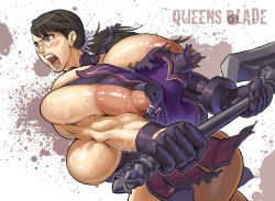 Rule 34 | 1girl, action, attack, black hair, breasts, cattleya (queen&#039;s blade), cattleya (queen's blade), deep skin, dirt, female focus, gigantic breasts, glasses, gloves, hata (pixiv4102938), huge breasts, huge nipples, lactation, large areolae, large nipples, leotard, mature female, milk, muscular, nipple slip, nipples, open mouth, ponytail, puffy areolae, purple leotard, queen&#039;s blade, scar, shiny skin, sideboob, solo, sweat, sword, veins, veiny breasts, weapon, weapon merchant cattleya, white background