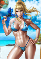Rule 34 | 1girl, abs, artist name, bare shoulders, beach, blonde hair, blue eyes, bracelet, breasts, cleavage, closed mouth, commentary, dandon fuga, day, english commentary, gun, hand on own hip, highres, hip focus, holding, holding weapon, jewelry, large breasts, looking at viewer, metroid, mole, mole under mouth, muscular, muscular female, navel, nintendo, ocean, paid reward available, pinup (style), ponytail, samus aran, sand, shore, smile, standing, swimsuit, thighs, weapon