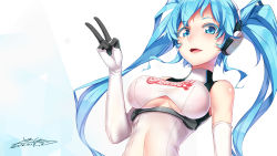 Rule 34 | 1girl, 2016, blue eyes, blue hair, breasts, clothing cutout, colored eyelashes, dated, goodsmile company, goodsmile racing, hatsune miku, headphones, highres, large breasts, long hair, matching hair/eyes, racing miku, racing miku (2014), signature, smile, solo, taut clothes, thighhighs, turtleneck, twintails, underboob, underboob cutout, upper body, v, vocaloid, x-boy