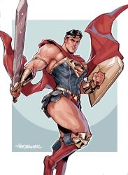 Rule 34 | 1boy, alternate costume, bara, bare shoulders, black hair, cape, cosplay, covered abs, crossdressing, dc comics, foot out of frame, highres, holding, holding shield, holding sword, holding weapon, justice league, looking at viewer, male focus, mature male, muscular, muscular male, pectorals, red cape, shield, short hair, sideburns, sidepec, solo, superhero costume, superman, sword, theo (theobromicart), thick thighs, thighs, weapon, cowboy western, wind, wonder woman, wonder woman (cosplay)
