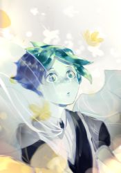 Rule 34 | 1other, androgynous, artist request, blue eyes, blue hair, bug, butterfly, crystal hair, gem uniform (houseki no kuni), green eyes, green hair, highres, houseki no kuni, insect, phosphophyllite, phosphophyllite (ll), see-through, see-through sleeves, short hair, solo, spoilers, transformation, upper body, wide-eyed