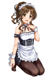 Rule 34 | 1girl, apron, bare shoulders, black dress, blush, breasts, brown eyes, brown hair, brown pantyhose, detached collar, dress, frills, highres, idolmaster, idolmaster cinderella girls, kneeling, looking at viewer, maid, maid headdress, open mouth, pantyhose, parted bangs, ponytail, sidelocks, simple background, sirurabbit, small breasts, solo, takamori aiko, thighs, waist apron, wavy mouth, white background, wrist cuffs