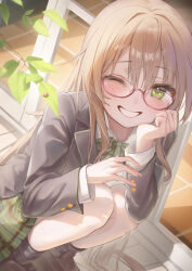 Rule 34 | 1girl, absurdres, blue jacket, blush, bow, bowtie, brown hair, commentary request, glasses, green bow, green bowtie, green eyes, green skirt, grin, hair between eyes, hand on own cheek, hand on own face, highres, jacket, long hair, long sleeves, looking at viewer, one eye closed, original, pleated skirt, pulmo (artist), school uniform, semi-rimless eyewear, sitting, skirt, smile, solo, uniform