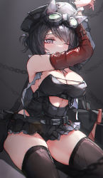 Rule 34 | 1girl, ;o, absurdres, animal ears, arknights, arms up, belt, black eyes, black hair, black headwear, black thighhighs, bound, bound arms, breasts, cat ears, chain, cleavage, covered navel, detached sleeves, dress, goggles, goggles on head, gradient background, grey background, highres, large breasts, light, long sleeves, looking away, looking down, one eye closed, one side up, open mouth, oreshki, rockrock (arknights), short dress, short hair, solo, strapless, strapless dress, thighhighs